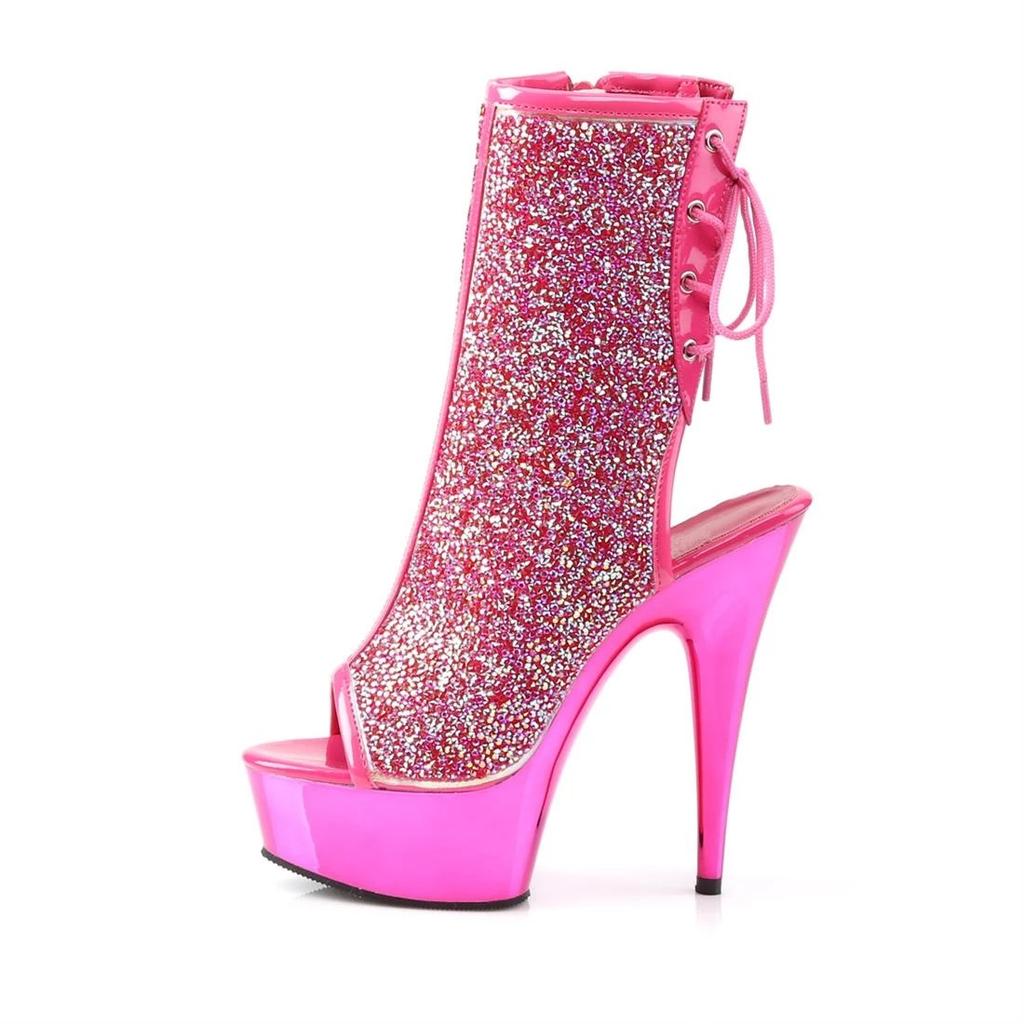 15Cm electroplated waterproof table, rhinestone decorative upper, stiletto high heels, table short boots