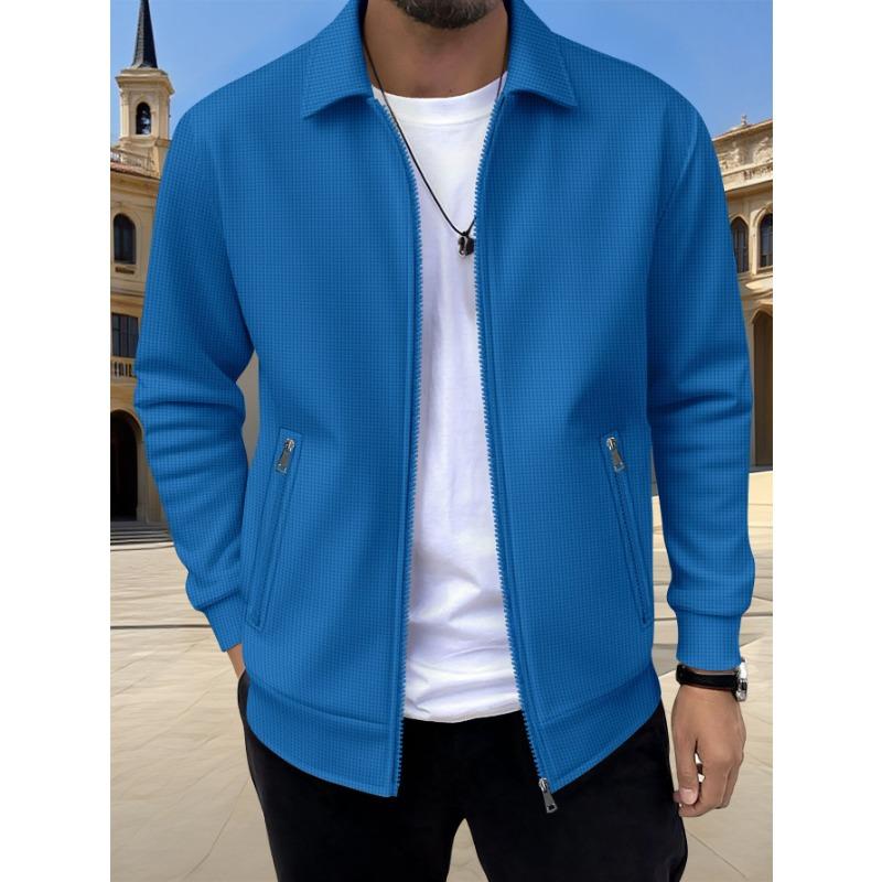Men Waffle Knit Zip Up Jacket Collar Long Sleeve Casual Loose Daily Street Lightweight Outerwear