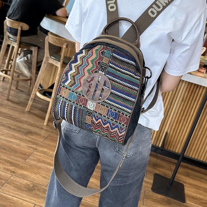 XDLM Ethnic Embroidered Canvas 3-Way Backpack
