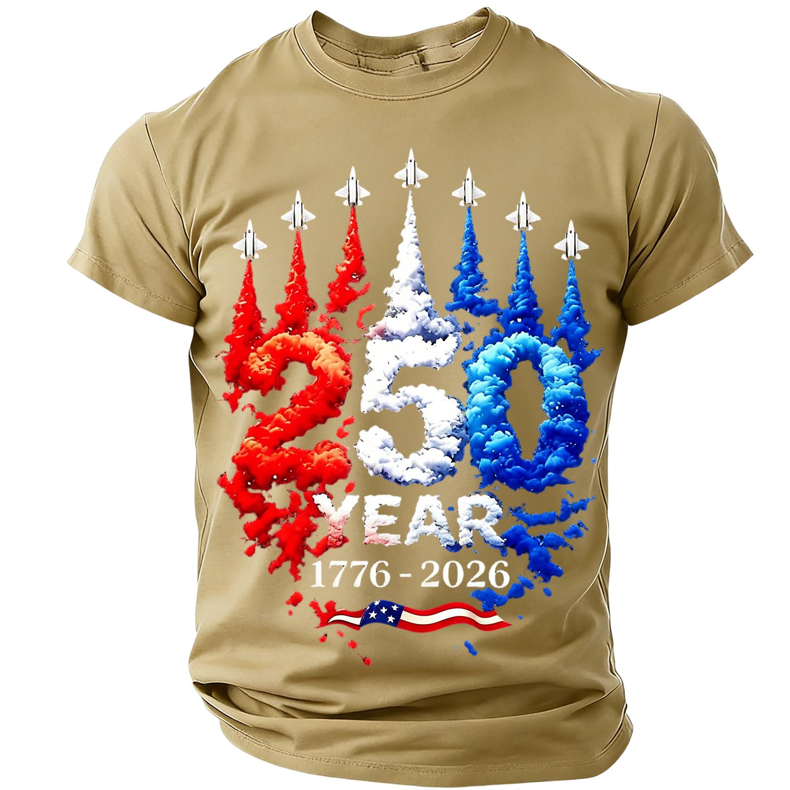 

Men’s Short Sleeve Crew Neck TShirt 250 Year 1776 2026 Graphic Print Airplane Smoke Design Comfortable Fit Cotton Top XL хаки