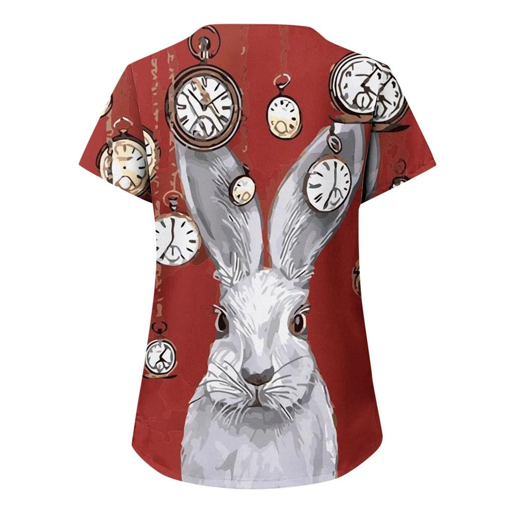 Women's Short-Sleeved V-neck Easter Print Pocket Carer Top