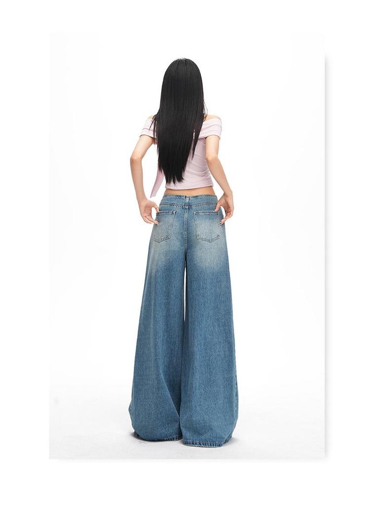 2026 Spring Women's Retro Wide-Leg Jeans: Waistless, Versatile, Loose, Slimming, Floor-Length Pants