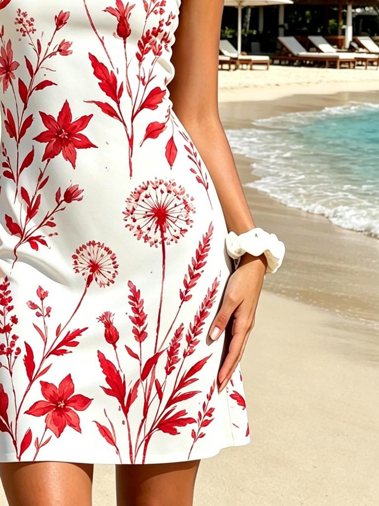 Red and Green Abstract Printed Single Shoulder Dress, Sexy Off Shoulder Short Style, Slim Fit and Slimming Vacation Dress