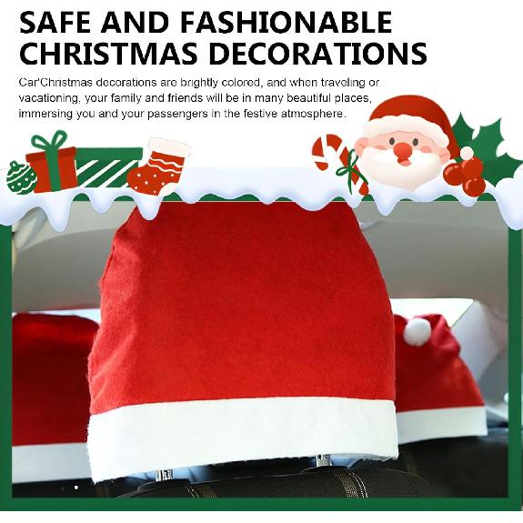 4 PCS Santa Claus Hat Car Seat Headrest Covers, Christmas Soft Car Seat Head Rest Covers, Cute Headrest Protector, Creative Christmas Car Decoration,