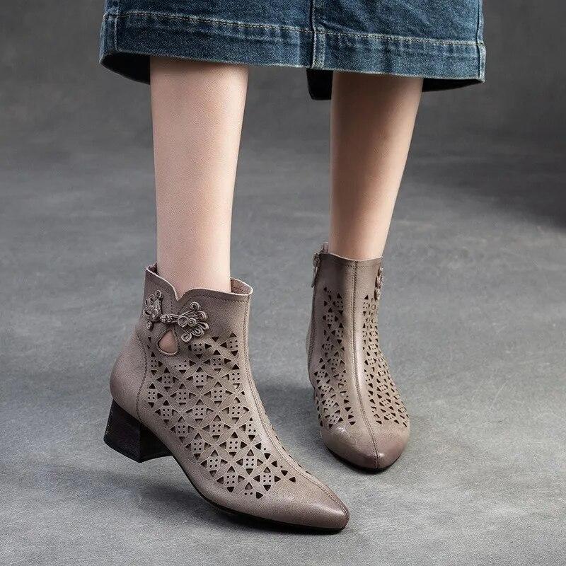 Johnature Pointed Toe Pumps Breathable Hollow Boot Genuine Leather Retro Mid Heel Women's Shoes