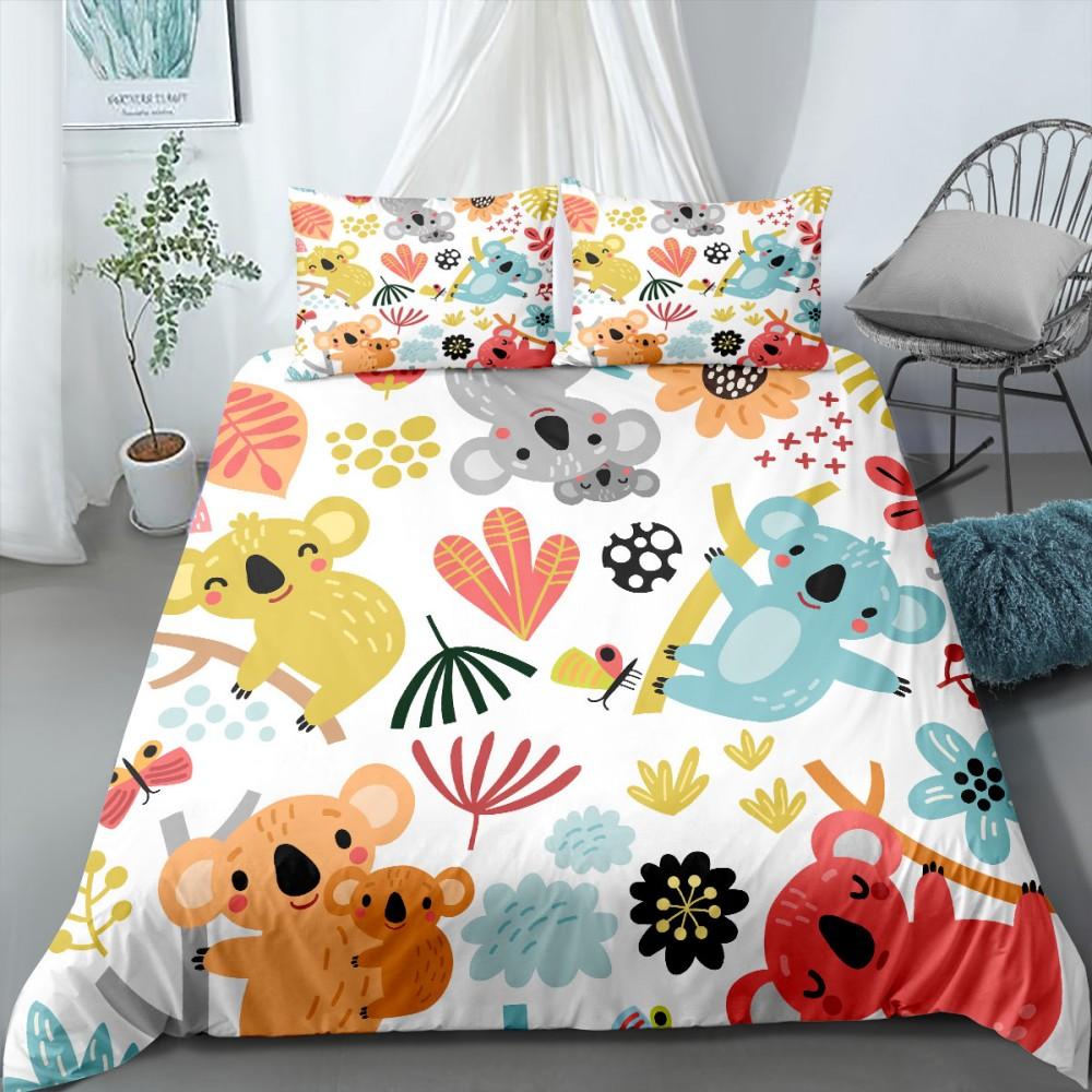 3D Koala Duvet Cover Set Microfiber Cartoon Leaves Baby Bear Australian Wildlife Themed  Bedding Set Queen Size Comforter Cover