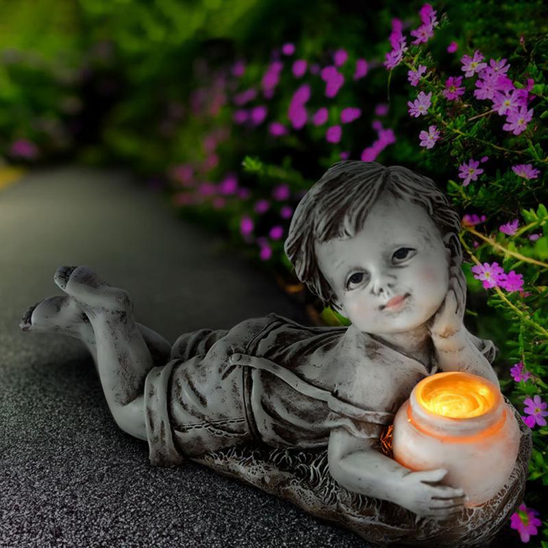 Garden Resin Child Sculpture Cute Resin Little Boy Girl Statue Solar Sculpture Indoor Outdoor Flower Bed Ornaments Photography