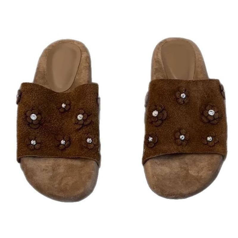 Sheepskin Version~ Fashion Retro Niche Rhinestone Flower Matte Suede One-word Drag Women's Comfortable Cool Slippers