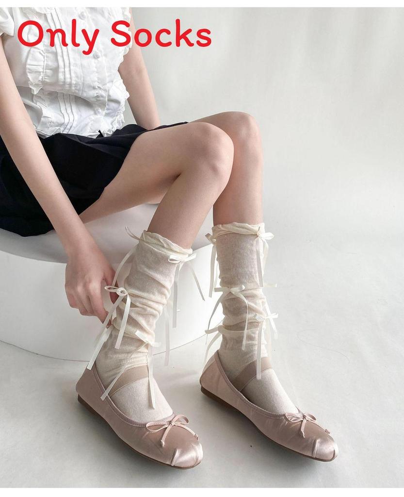 Ballet Ribbon Butterfly Knot Stockings With Mesh Knit For Spring Teen Girls