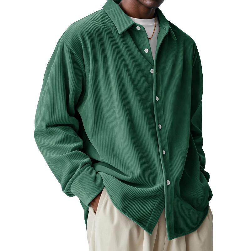 Men's European Corduroy Shirt, Men's Loose Trend Long Sleeve Solid Color Lapel Shirt