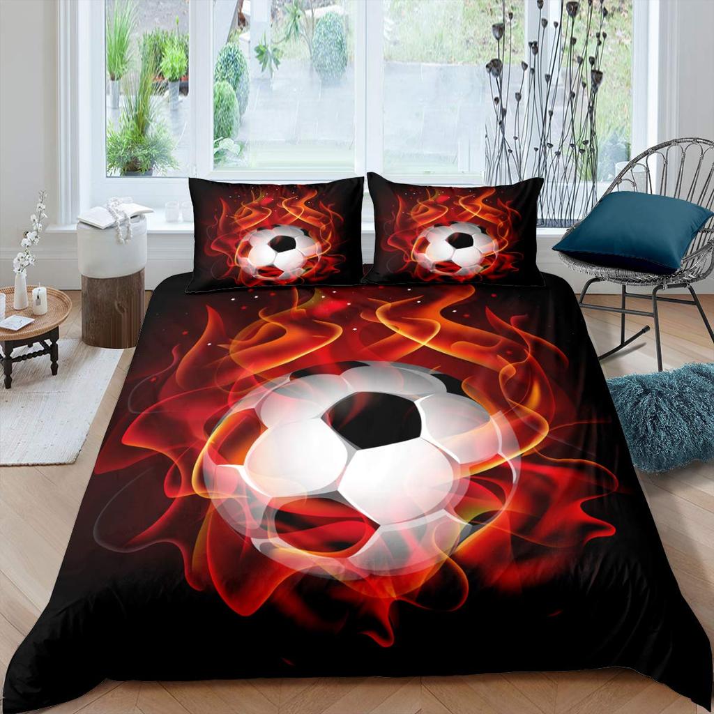 Set Față de Plapumă Albastru Flacără Fotbal Pentru Adolescenți Băiat Imprimare 3D Set Față de Plapumă Fotbal Dimensiune Completă Set Lenjerie de Pat Foc și Gheață Dimensiune Queen