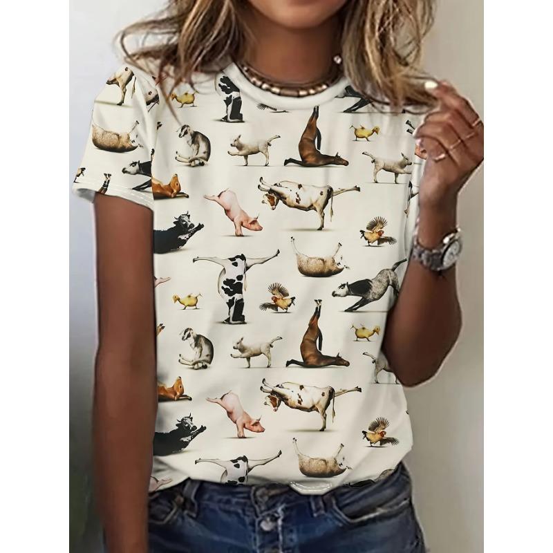 Summer Round Neck 3D Cat Print Top Fashionable Casual Short Sleeved Women's T-shirts