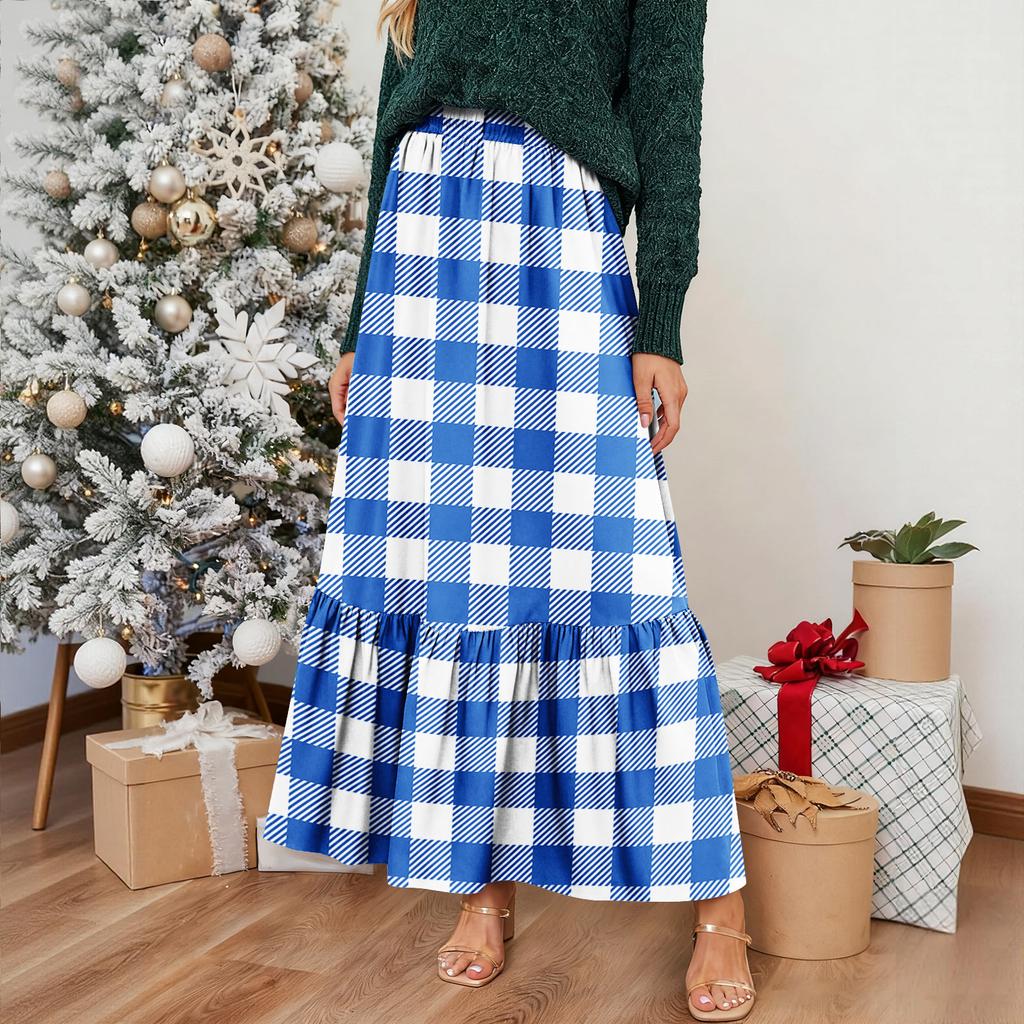 Women's Ruffled Casual Long Skirt Plaid Skirt Retro Pleated Skirt