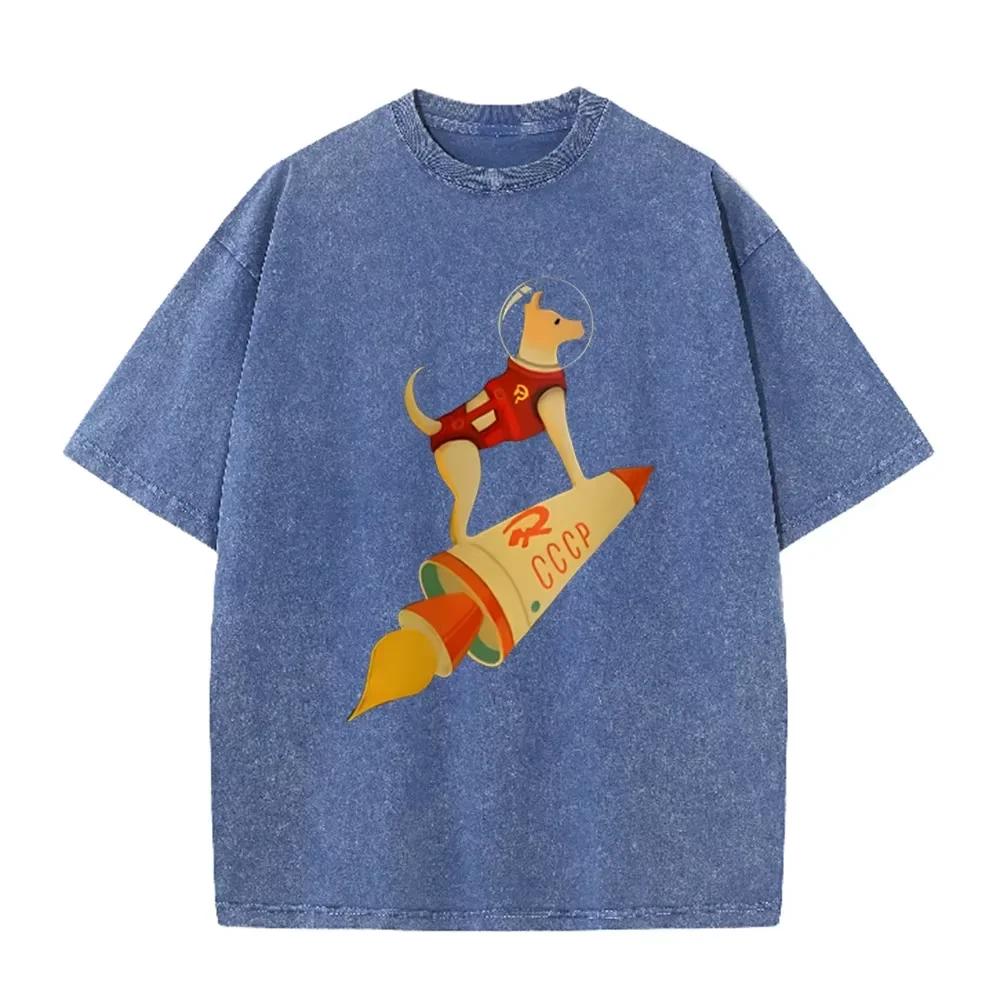 Vintage Washed Gray Tshirt CCCP Laika Space Dog Rocket Cartoon Print Loose Short Sleeve Retro Soviet