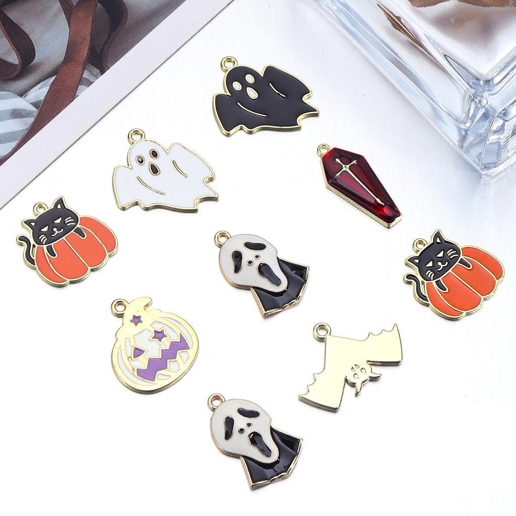 10pcs Halloween Charms Creepy Alloy Enamel Ghost Skull Pumpkin Bat Charms Pendants For DIY Jewelry Making Necklace Accessories
