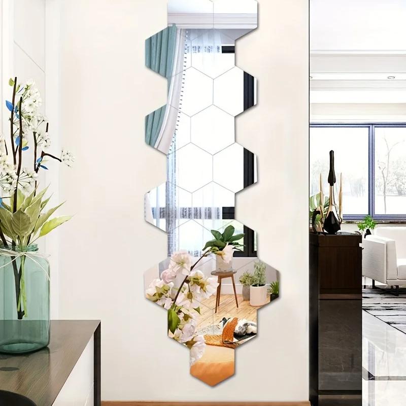 12 buc. Oglindă hexagonală din acril, autocolant de perete 3D, oglindă pentru decorarea casei, oglindă detașabilă DIY pentru ornamente de artă pentru camera de zi