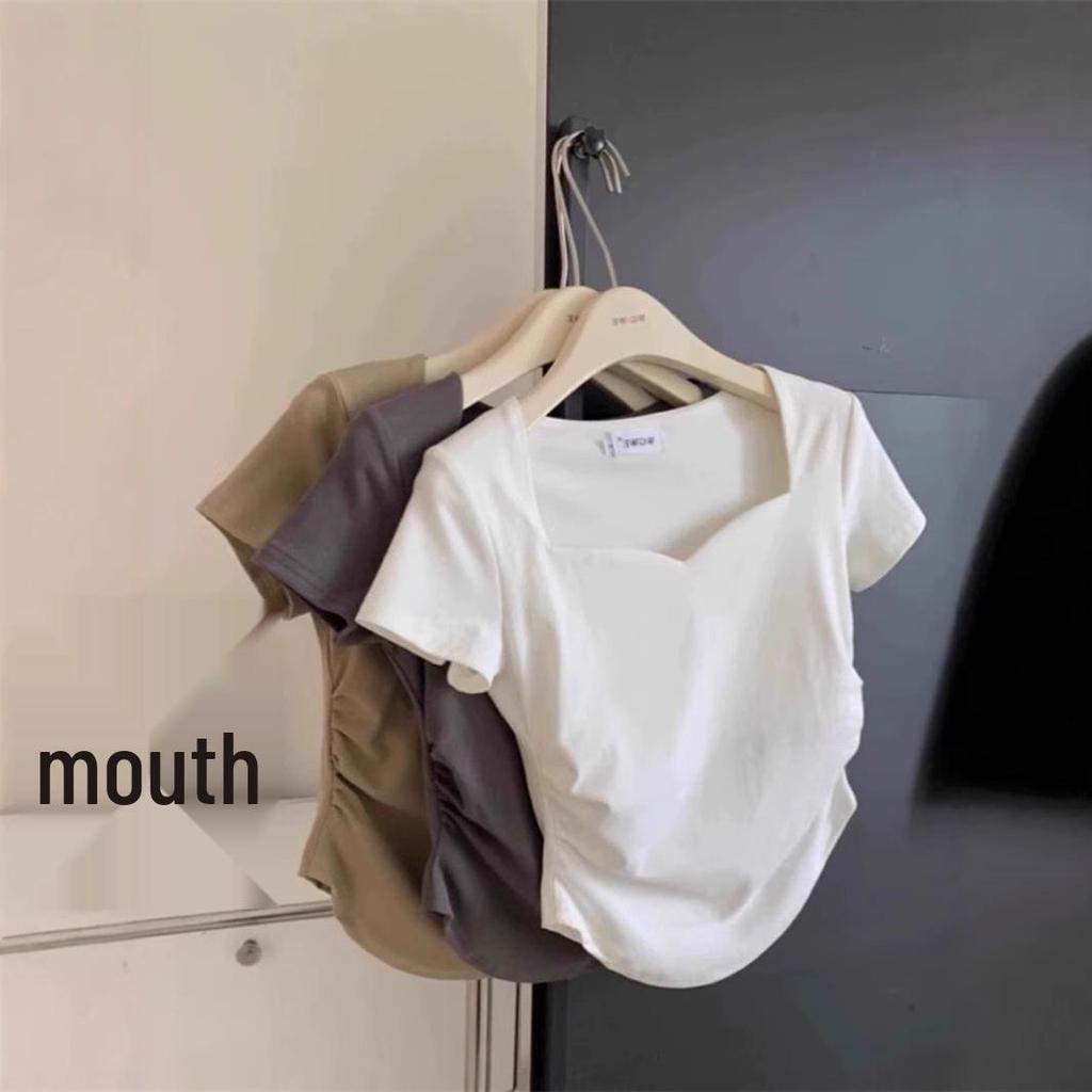 Korean Sweetheart Neckline Cotton T-Shirt - Women's Summer Slim Fit, Y2K Style, Straight Shoulder, Short Sleeve