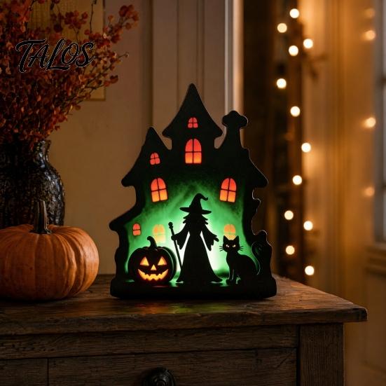 Talos Witch Wooden Table Centerpiece, Spooky Castle Black Cat Standing Tabletop Ornament for Halloween Party, Desk Tiered Tray Decor