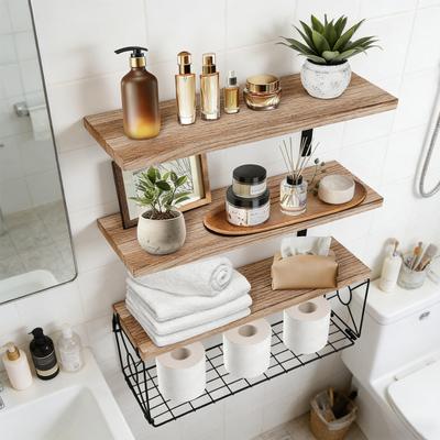 Bathroom Wall Metal Wooden Over Toilet Basket Rustic Floating Shelf with Wall Mount Shelf Home Office