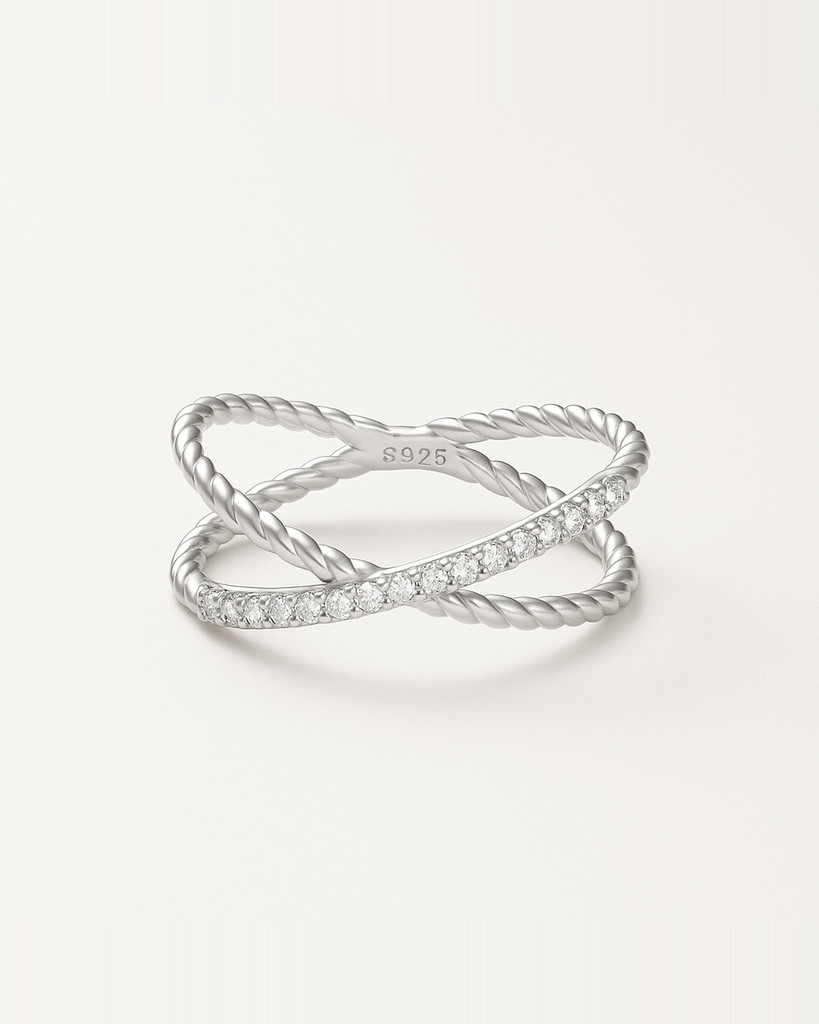 BAMOER 14K Gold Plated X Ring Simulated Diamond CZ Criss Cross Ring for Women, 925 Sterling Silver Eternity Wedding Band Ring