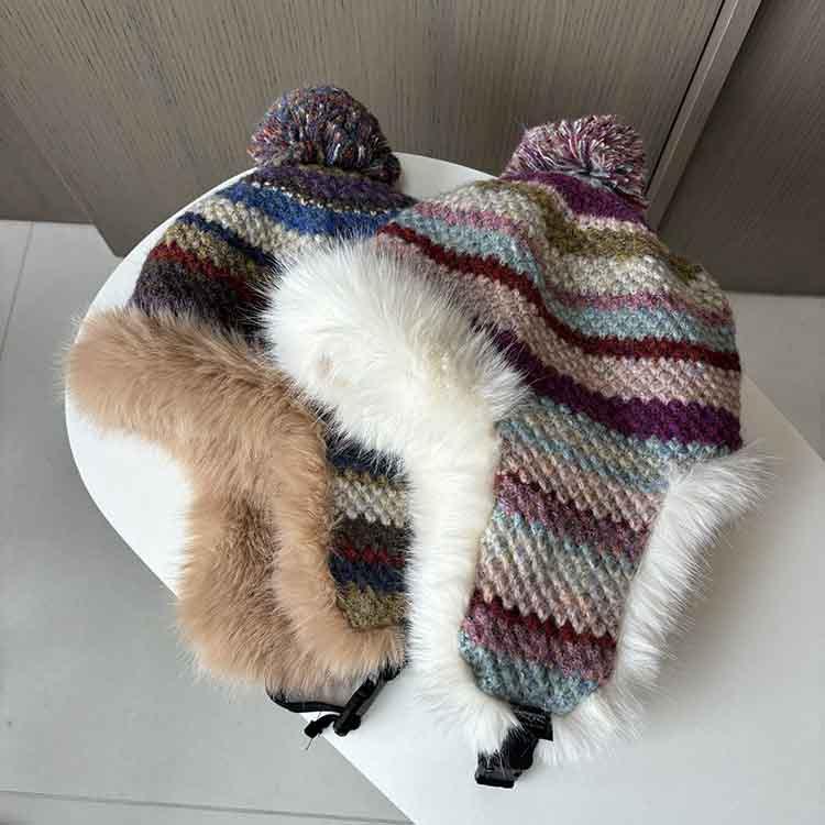 Northeast plush cute ear protection hat women's winter warm knitted wool headgear retro color striped Lei Feng hat