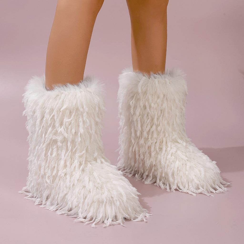 Furry Faux Fur Boots for Women Fuzzy Fluffy Mid Calf Snow Boots Winter Suede Warm Fur Lined Booties Flat Boots Women's Casual Ankle Booties Shoes