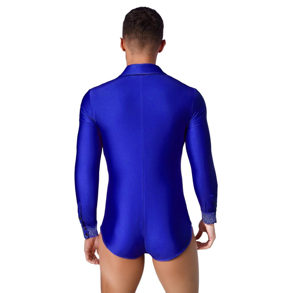 Mens Shiny Rhinestones Latin Dance Leotard Turn Down Collar V Neck Long Sleeve Button Shirt