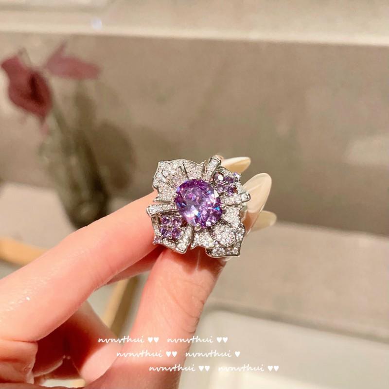 Vintage Floral Ring With Purple Cubic Zirconia 18K Gold Plated Adjustable Open Band Women