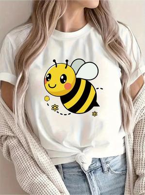 1 Stück Liebe Cartoon Biene Aufdruck Atmungsaktives Rundhals-T-Shirt Sommer Rund Kurzarm für Damen und Herren
