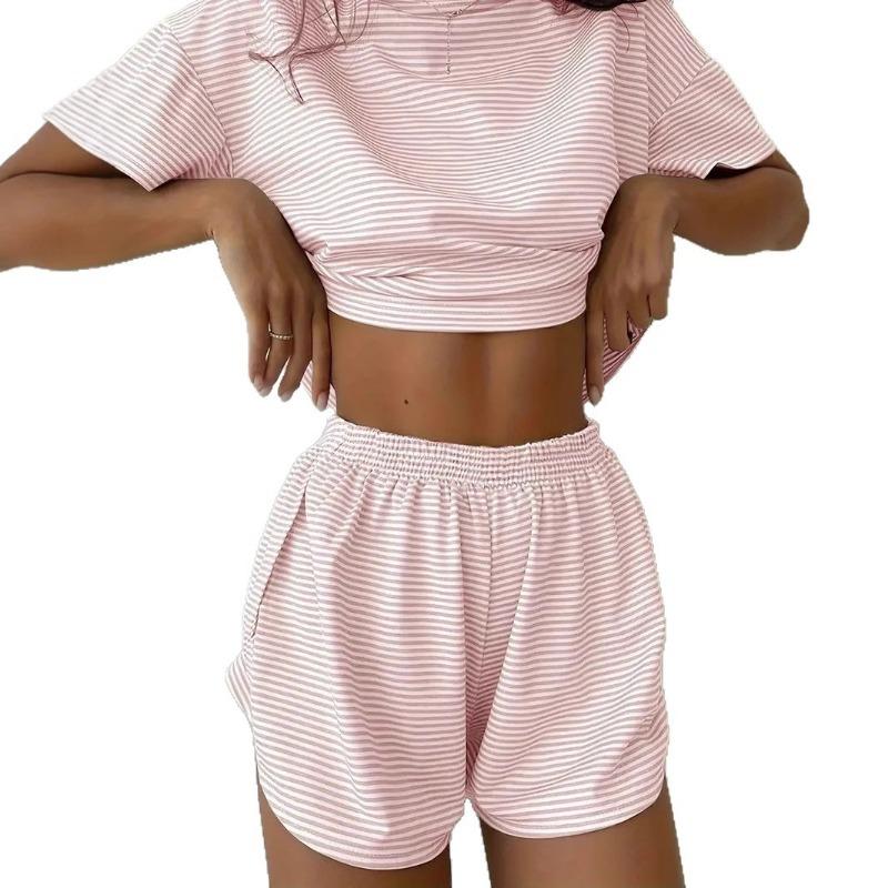Women Striped Short Sleeve Crop Top Elastic Waist Shorts Two Piece Casual Loungewear