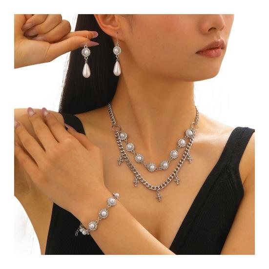 3Pcs/Set Women Jewelry Set Rhinestones Inlaid Imitation Pearls Charm Necklace Drop Earrings Bracelet Set Dating Commuting Jewelry Set