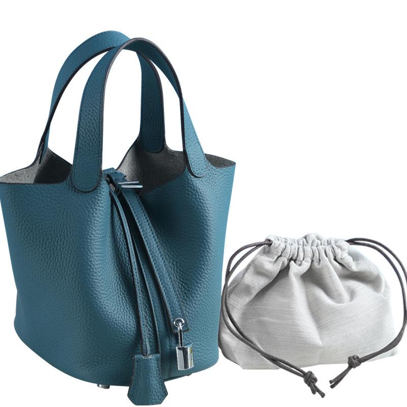 Leichter Luxus Echte Rindsleder Korb-Stil Eimer Tasche Neu für Damen Silberfarbener Schlossverschluss Oberer Griff Handtasche, KEIN LOGO