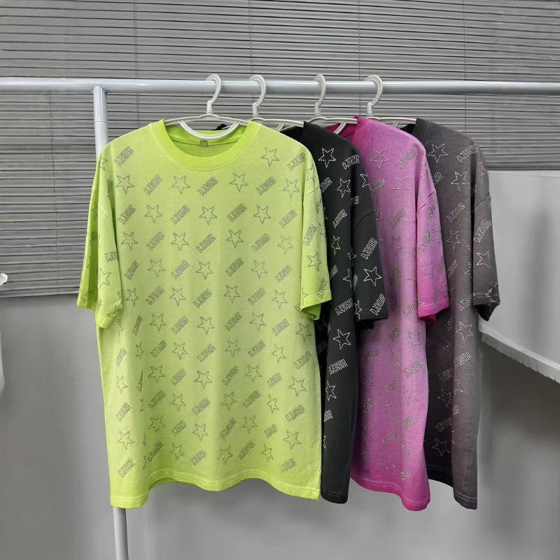 Women's Summer Round-neck Short-sleeved T-shirt Heavy Diamond Ironing Washed and Aged Loose Top