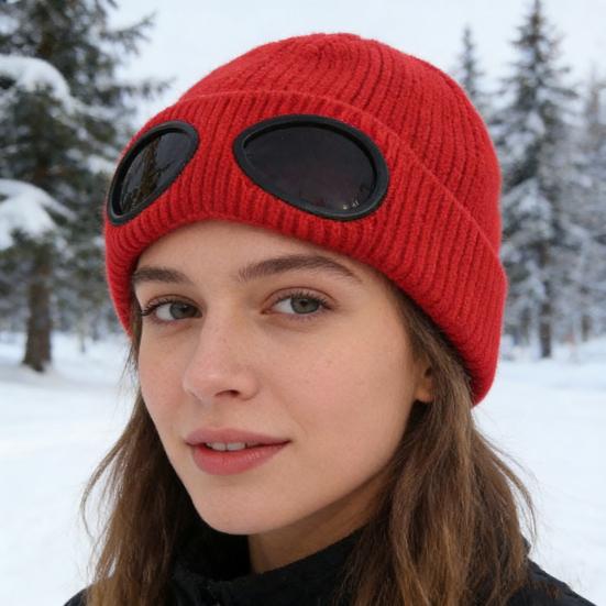 Strickmütze Einfarbig Warme Strickmütze mit Brillen-Dekor Elastisch Winddicht Wintermütze Outdoor Reisen Radfahren Tägliches Tragen