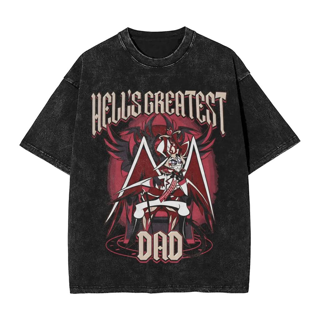 Camiseta de Manga Corta de Algodón Lavada Vintage con Estampado Gráfico de Manga Hazbin Hotel Lucifer Morningstar para Hombre y Mujer Verano Camiseta de Cuello Redondo Top Oversize
