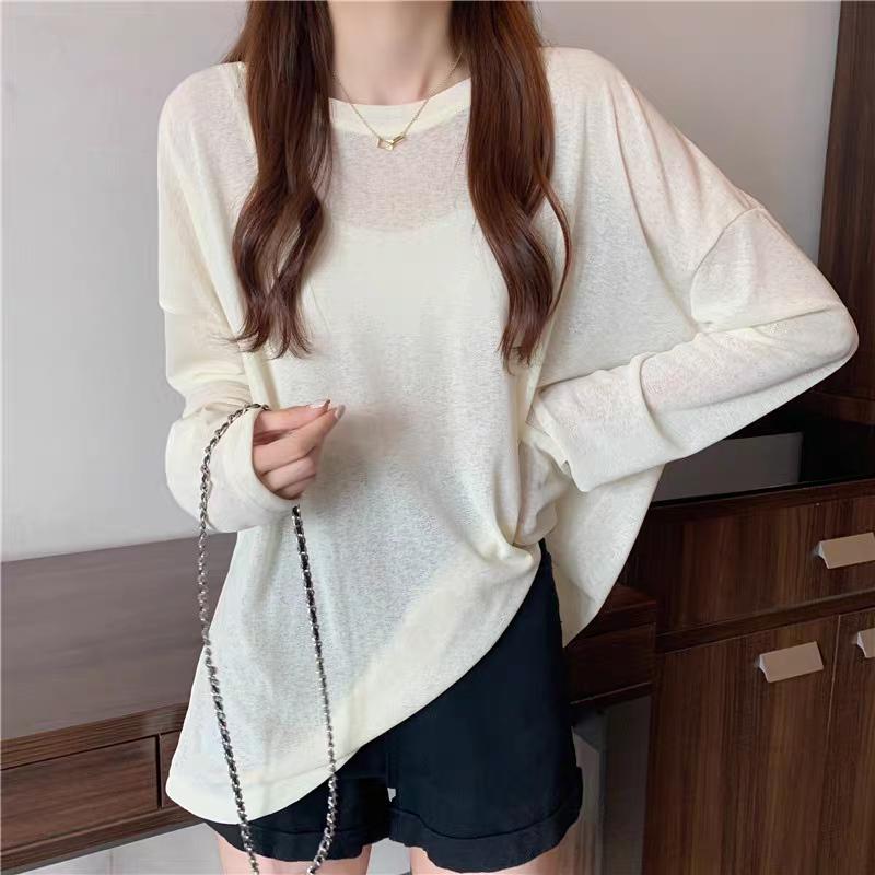 Summer Solid Long Sleeve T-shirts Women's Casual Loose Thin Slightly Transparent Sun Protection Cover Tops Tees Female