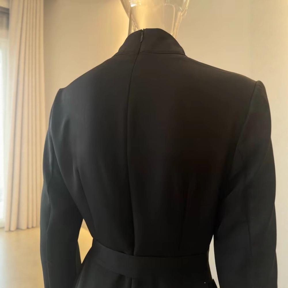 Robe Mi-Longue Élégante à Col Roulé Manches Longues Coupe Ajustée Taille Moyenne Robe Trapèze Tissu TR Uni Ceinture Poche Bureau Automne Robe de Travail