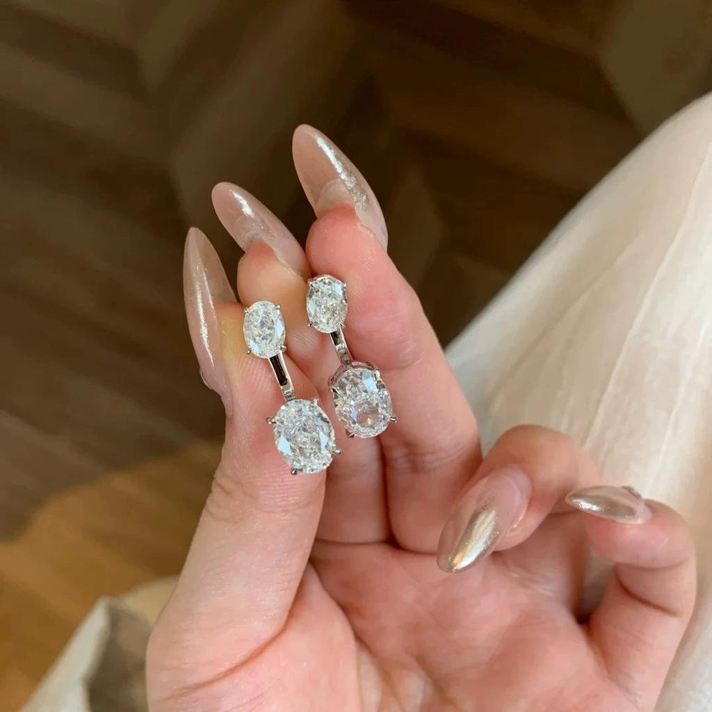 Orecchini a Stella Ovale con Diamante Bianco, Orecchini a Bottone Inlaid Zircone Diamante ad Alto Carbonio di Lusso con Parte Posteriore Sospesa a Due Modi, Donna