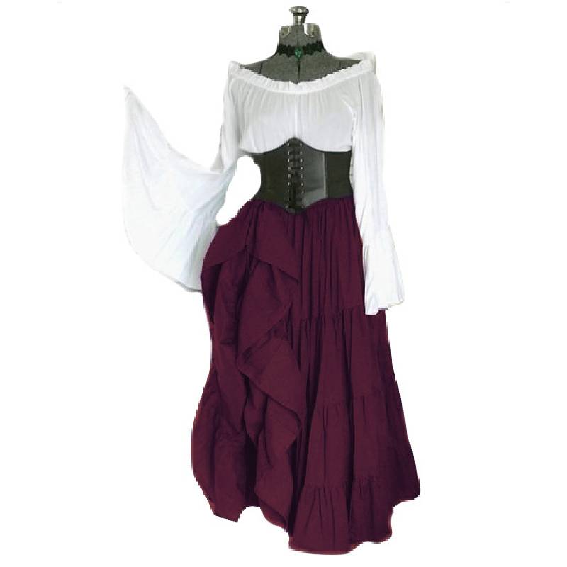 

Ages Middle Flared Long Sleeved Off The Shoulder Dress Lace Up Waist Gift Skirt Dark Purple,4XL