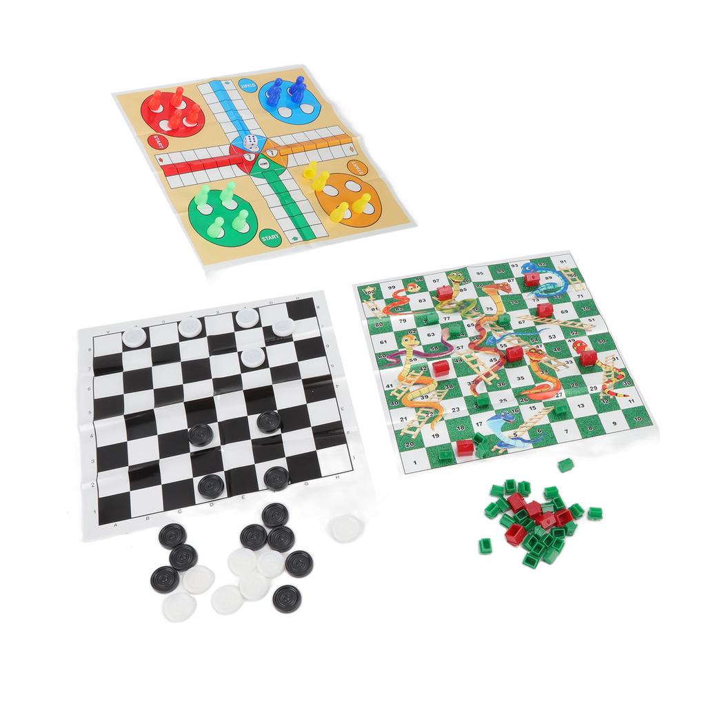 4 in 1 Board Games Set Clear Pattern Foldable Portable International Checkers Flying Chess for Kids