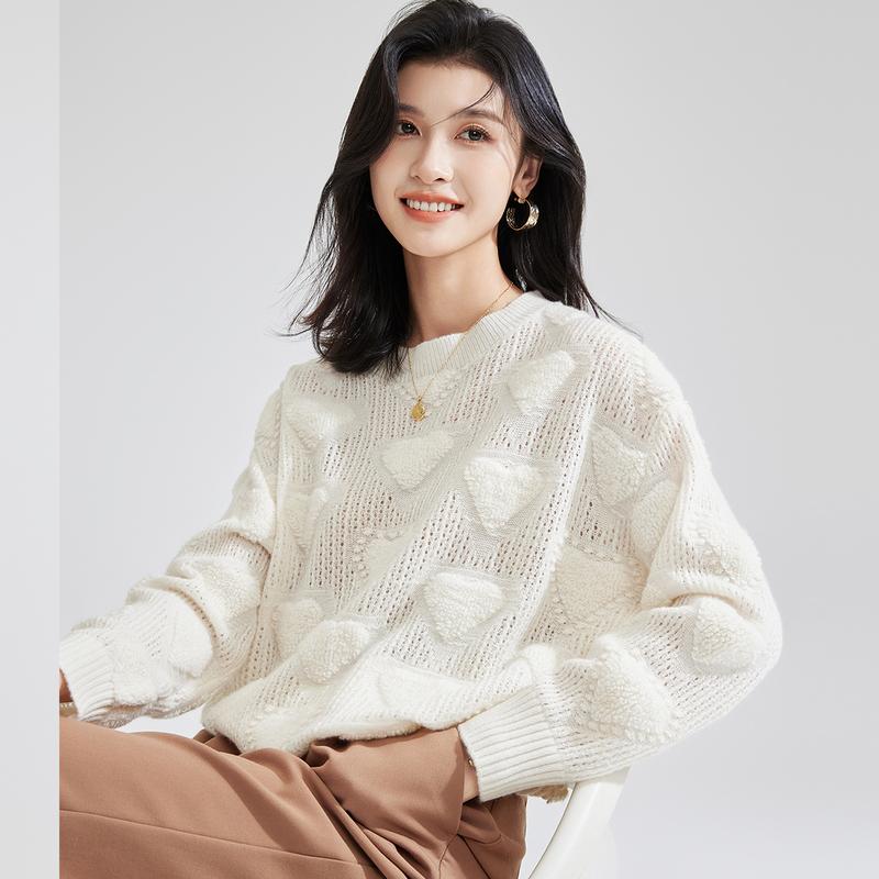 [Thick 100% Wool] Autumn/Winter Round Neck Long Sleeve Solid Color Triangle Love Women's Hoodie Wool Sweater
