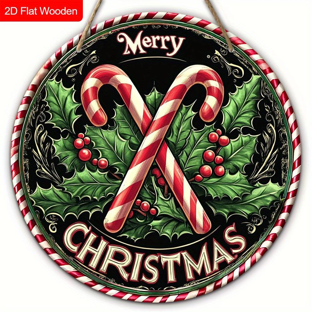 2D Flat 1pc Christmas ‘'Cane Sugar Greens’' Logo Wooden Sign Decoration, Front Door Embossed Effect Wall Decoration, Suitable for Home, Garden Patio