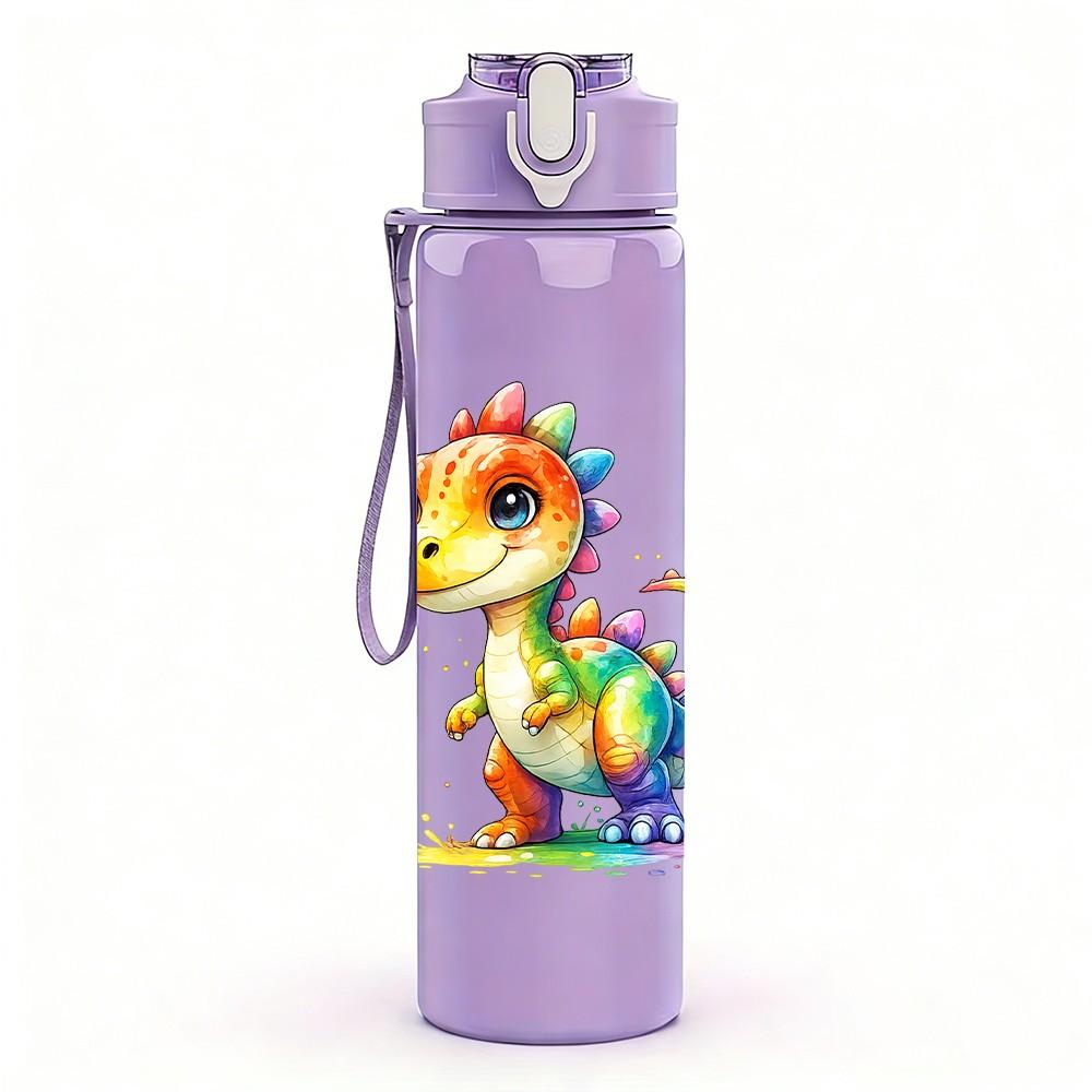 1PC Colorful Baby Dragon Cartoon Print 750ml Color Plastic Sports Water Bottle Leakproof Flip Straw Lid Suitable for Sports Office Home Use