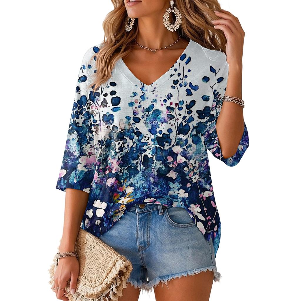 Women's Floral Print V-Neck Blouse Lightweight for Spring and Summer