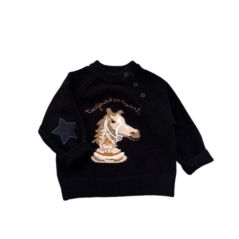 Girls Early Spring Suit Baby Clothes Cute Cartoon Knitted Sweater Horse Baby Fashion Wide Leg Pants