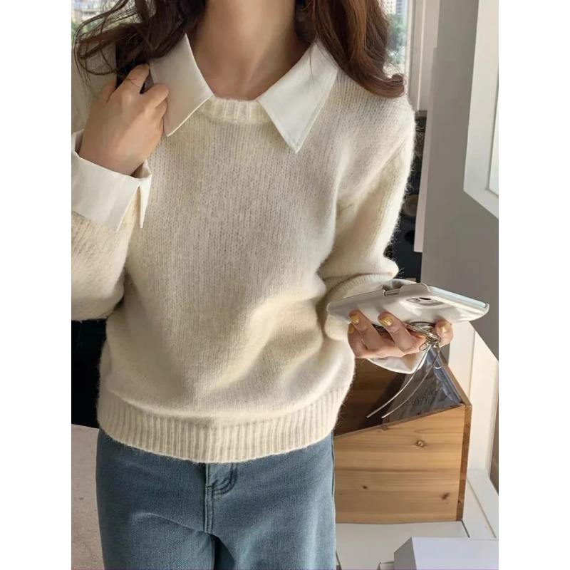 Winter Solid Knitted Pullover Sweater Women Retro Fake Two Pieces Top Pullover Female Korean Fashion Vintage Sweater 2024 New