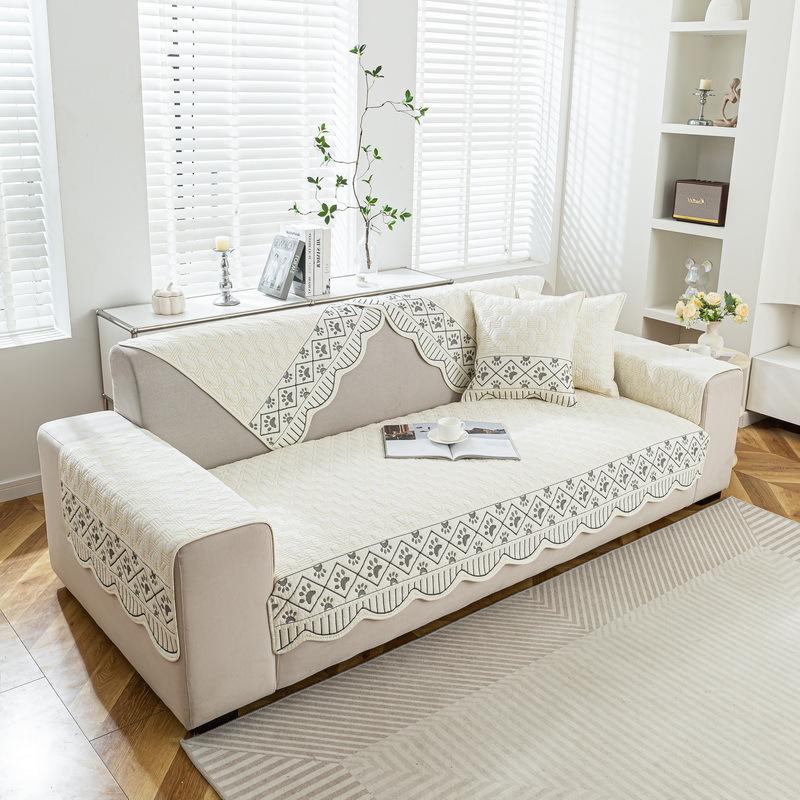 Pure Cotton Sofa Cushion New  Four-Season Universal Non-Slip Cream Wind Simple Cotton Fabric Straight Row Seat Cushion