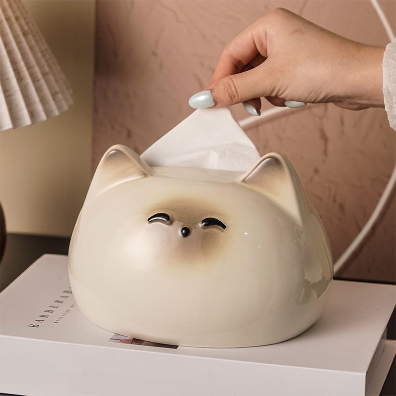 Cute Cat Ceramic Tissue Box Desktop Ornaments Home Decoration