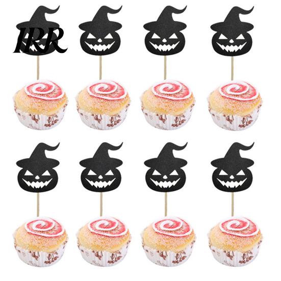 Dark Halloween Party Decoration 8 Pcs Cupcake Toppers, Black Glitter Witch Hat Pumpkin Durable Cake Toppers for Parties Picks Supplies, Birthday
