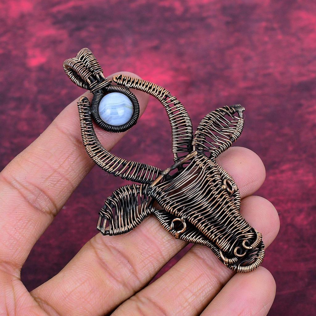 Blue Lace Agate Gemstone Pendant Copper Wire Wrapped Pendant Cow Face Jewelry